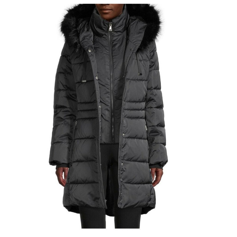 Tahari Gray color Size Large Coat Stefani Faux Fur Puffer Jacket